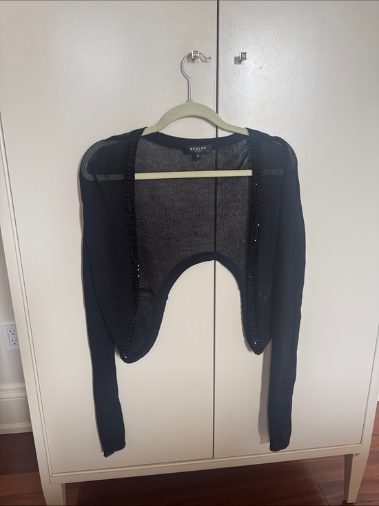 Beulah Sweaters - Beulah Black Cropped Bolero Shrug with Sparkle Trim
